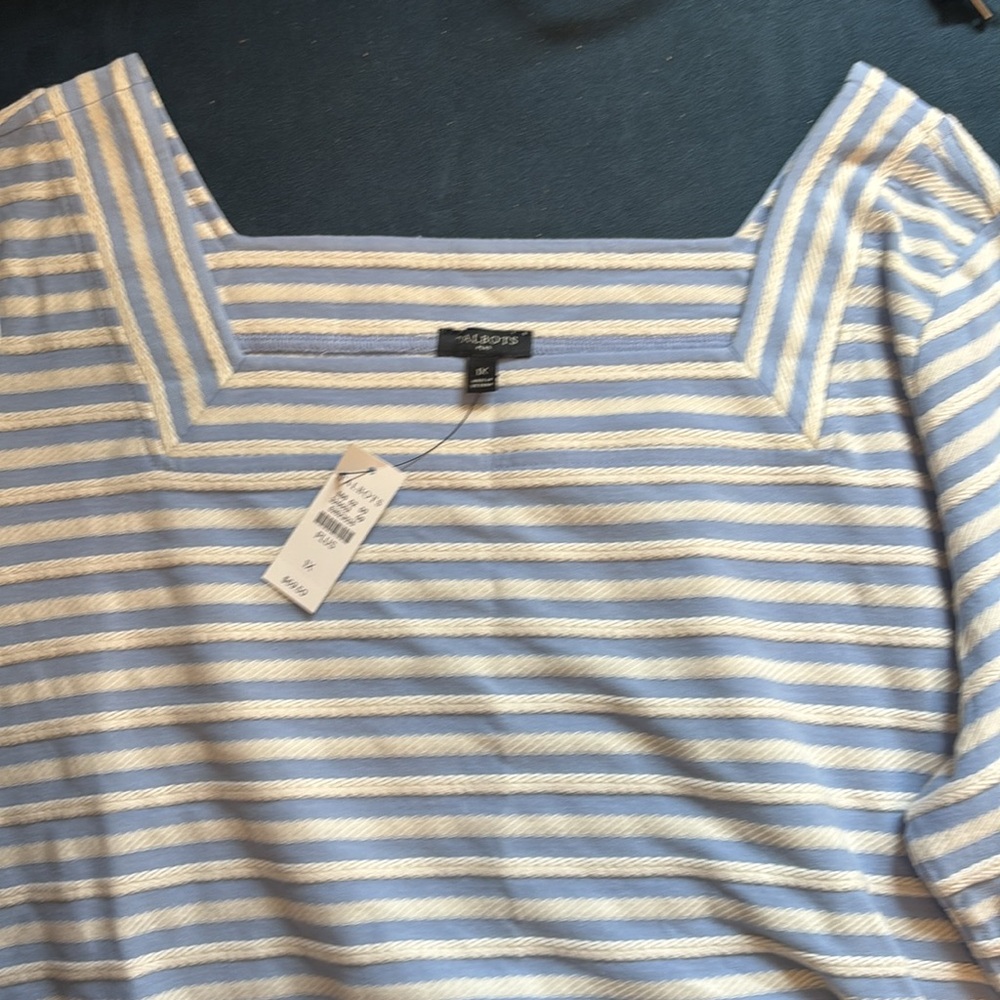 NWT Talbots Plus Blue and White Striped Top with Square Neckline and 3/4 Sleeves - Picture 3 of 7